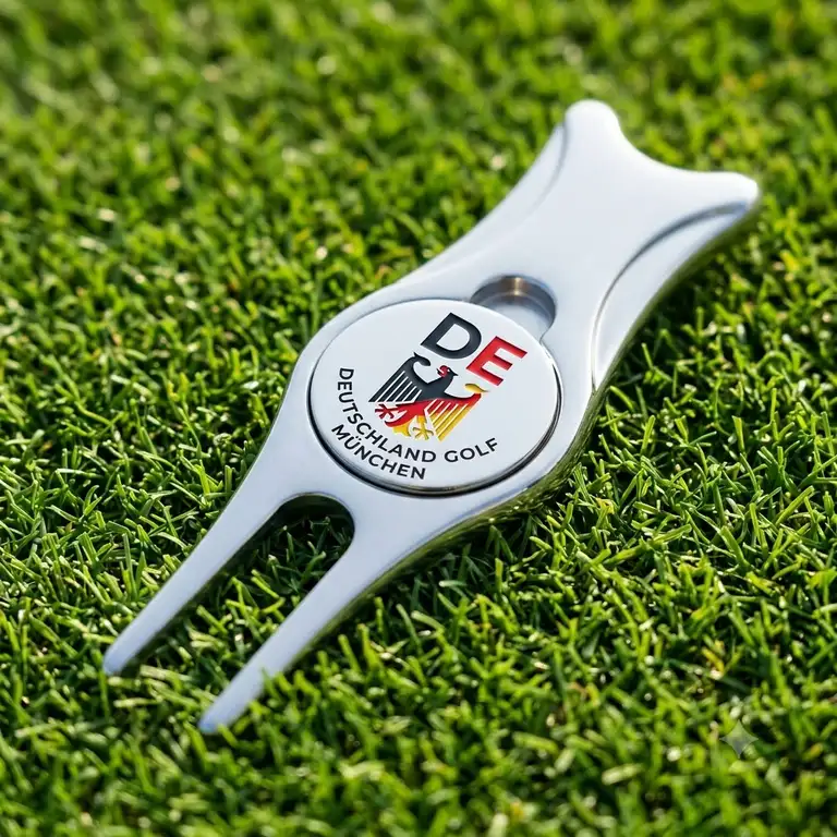 Elegante golf pitchgabel mit marker auf dem grünen Rasen eines Golfplatzes.