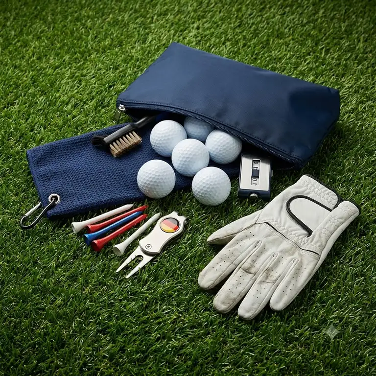 A complete golf zubehör set anfänger laid out neatly on green grass.