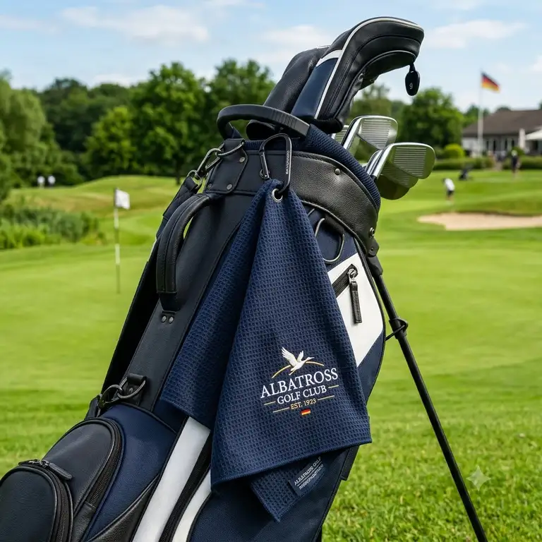 Ein premium golf handtuch mikrofasertuch hängt an einem eleganten Golfbag auf dem Golfplatz.
