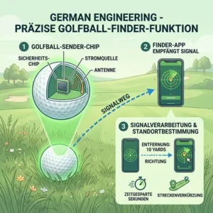 Infographic diagram explaining how a digital golf ball finder tracks and locates lost golf balls on the course.