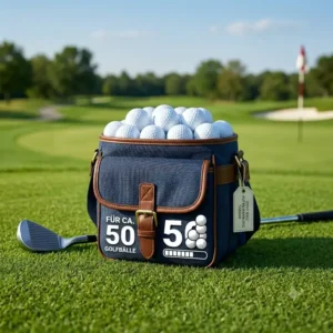 Infografik zur Kapazität der golf ball aufbewahrung tasche mit Platz für ca. 50 Golfbälle auf dem Golfplatz.