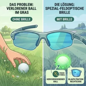 Illustration of specialized blue lens golf ball finder glasses filtering out grass color to highlight white balls.