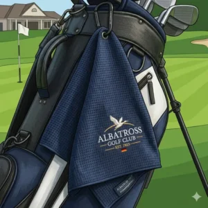 Ein blaues golf handtuch mikrofasertuch mit einem praktischen Karabinerhaken zur Befestigung am Bag.