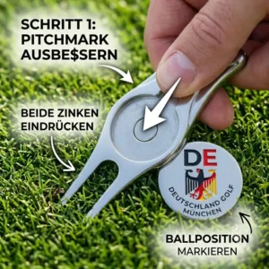 Schritt 1 zur Rasenpflege mit der golf pitchgabel mit marker beim Ausbessern von Pitchmarks.