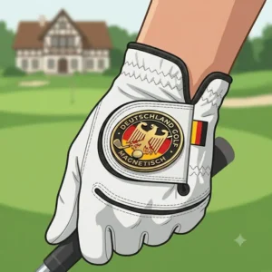 Praktischer golf marker magnetisch am Klettverschluss eines Golfhandschuhs befestigt.