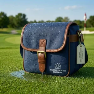Nahaufnahme der golf ball aufbewahrung tasche aus wasserdichtem Material mit Wassertropfen auf der Oberfläche.