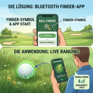 A mobile user interface design for a golf ball finder application showing radar tracking and distance mapping.