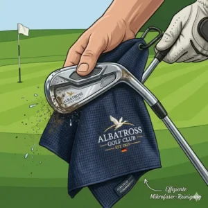 Illustration wie ein Golfer mit dem golf handtuch mikrofasertuch einen verschmutzten Schläger reinigt.