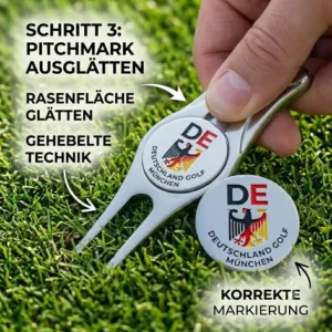 Schritt 2 zur Anwendung der golf pitchgabel mit marker um den Rasen korrekt zur Mitte hin zu drücken.