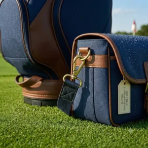Eine stilvolle golf ball aufbewahrung tasche mit Karabinerhaken befestigt an einem großen Golfbag auf dem Grün.