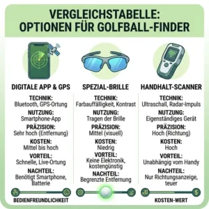 A feature comparison chart evaluating different types of golf ball finder tools and tracking devices.