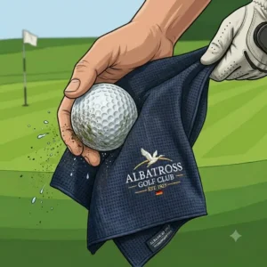 Ein Golfer säubert einen schmutzigen Golfball sanft mit dem golf handtuch mikrofasertuch.