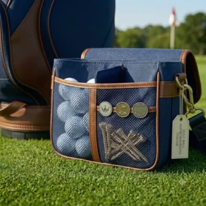 Innenansicht der golf ball aufbewahrung tasche mit praktischen Netztaschen für Tees und Golfballmarker.