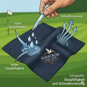 Infografik über die extrem saugfähige und schnelltrocknende Eigenschaft vom golf handtuch mikrofasertuch.