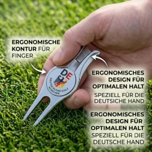 Das ergonomische Design der golf pitchgabel mit marker für optimalen Halt in der Hand des Golfers.