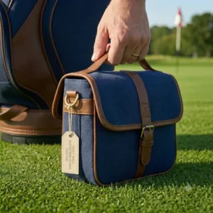 Eine Hand hält die kompakte golf ball aufbewahrung tasche am Tragegriff auf einem deutschen Golfplatz.