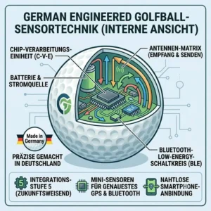 Cross-section illustration of a smart golf ball with an embedded tracking chip connecting to a golf ball finder device.
