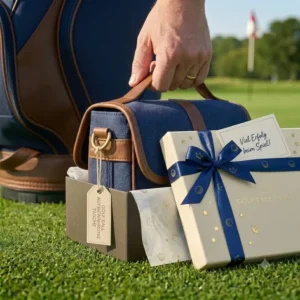 Eine elegant verpackte golf ball aufbewahrung tasche als exklusive Geschenkidee für Golfer mit Grußkarte.