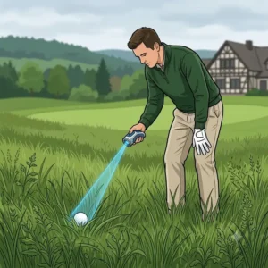 An illustration of a golfer successfully using a handheld golf ball finder to spot a ball hidden in deep grass.