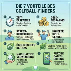 Graphic illustrating the benefits of using a golf ball finder, including faster pace of play and fewer penalty strokes.