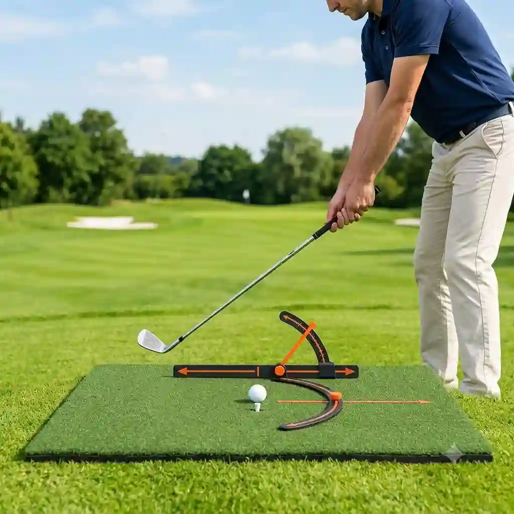 High-quality golf schlagtraining tool set up on a practice mat with a golf ball ready for swing training.