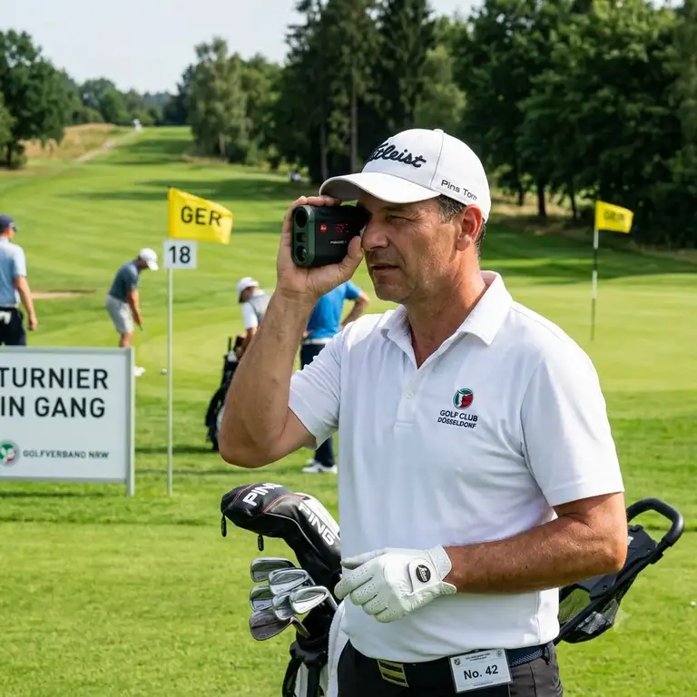 Ein Golfspieler nutzt ein golf entfernungsmesser turnier erlaubt Gerät auf dem Grün, um die genaue Distanz zur Fahne zu bestimmen.