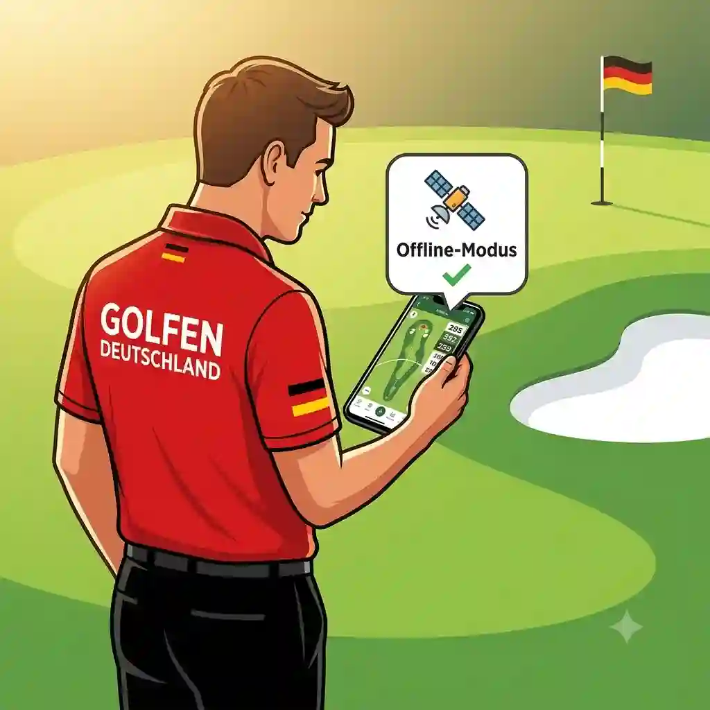 A golfer checking the golf gps app offline map on their smartphone on a sunny course.