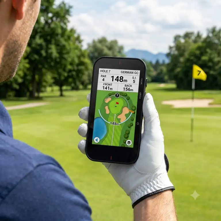 Ein modernes golf gps handgerät zeigt die präzise Distanz zum Grün auf einem Golfplatz.