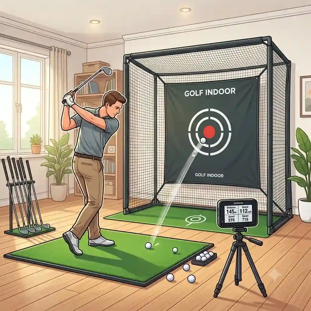 A featured image showing a user swinging in a home living room with a full golf indoor set komplett assembled, including net, mat, and monitor.