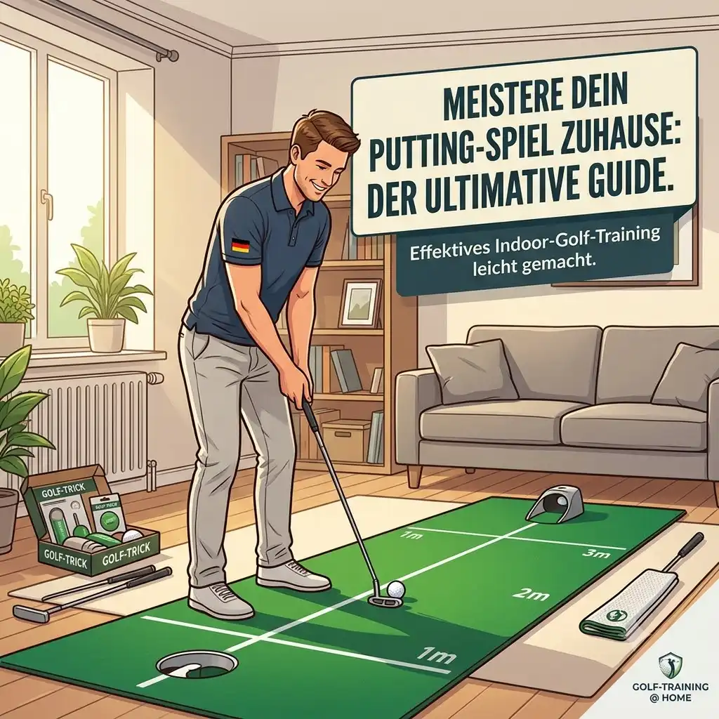 A man practicing golf putting training zuhause on a professional mat in his living room.