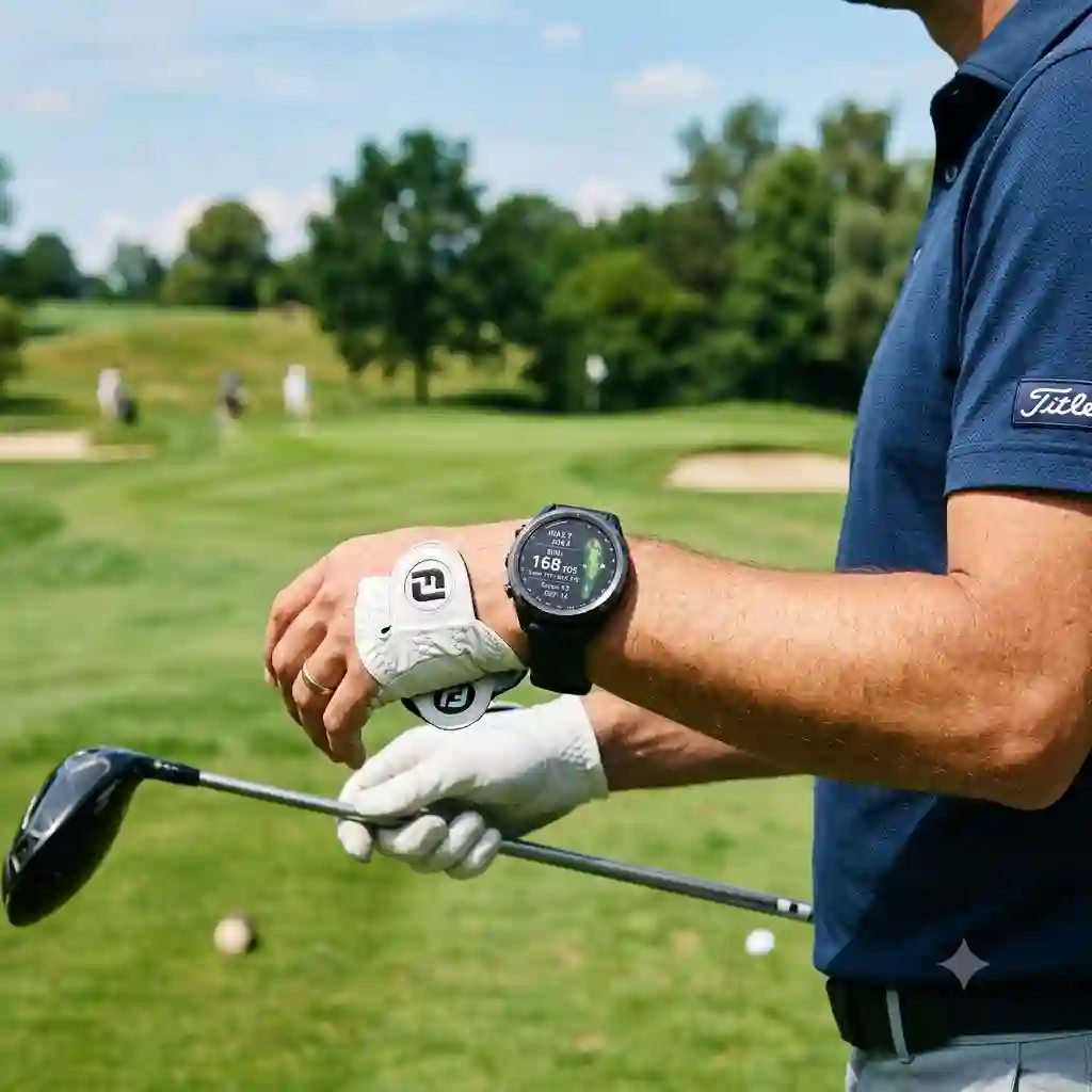 A close-up of a premium golf smartwatch sportmodus showing the active tracking on a player's wrist at a golf course.