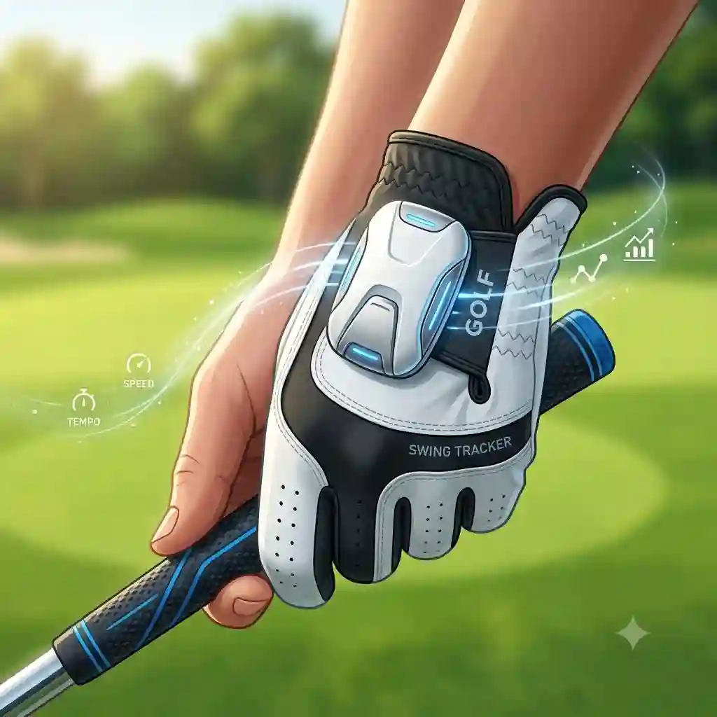 A close-up of a premium golf swing tracker sensor attached to the glove of a golfer preparing for a drive.