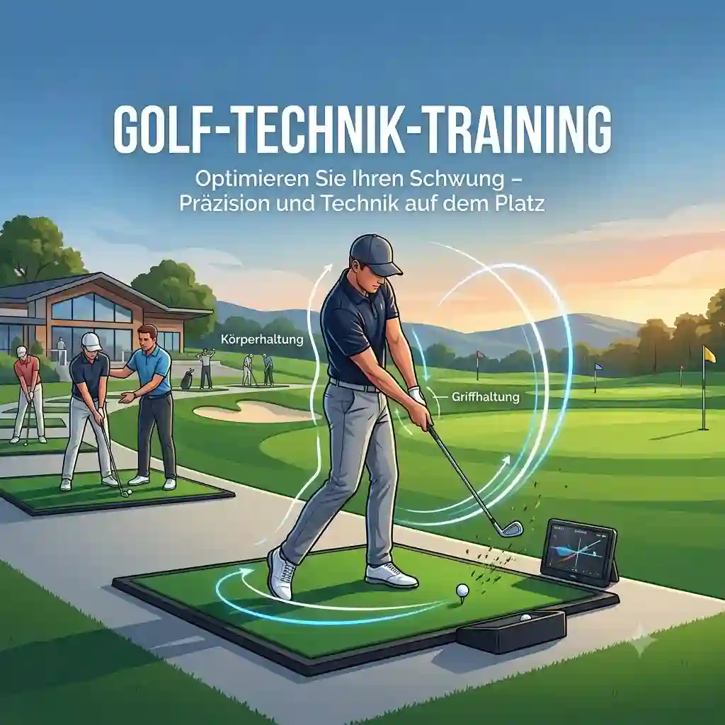 A golfer focusing on the perfect tee off during a golf technik training session on the driving range.