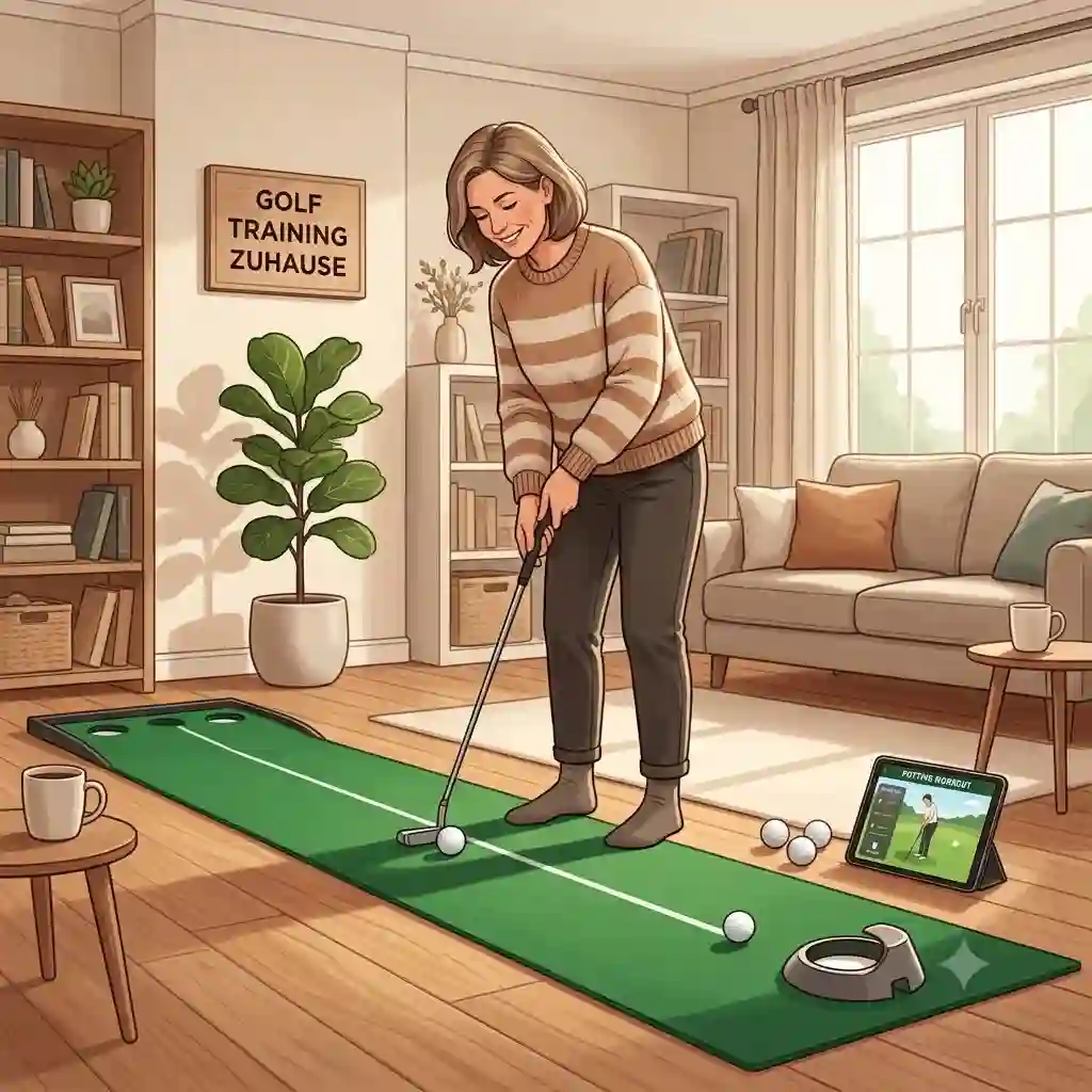 A featured image showing a complete setup for effective golf training zuhause including a putting mat.