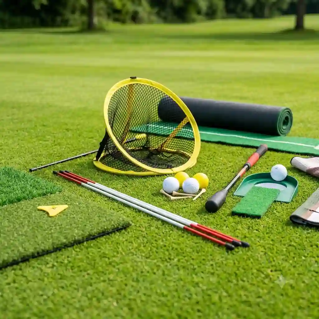An overview of various types of golf übungsausrüstung arranged on a green lawn.