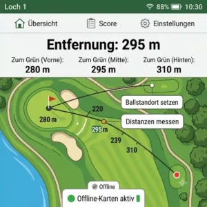 A golf gps app offline interface showing clear hole distances and no signal requirement.