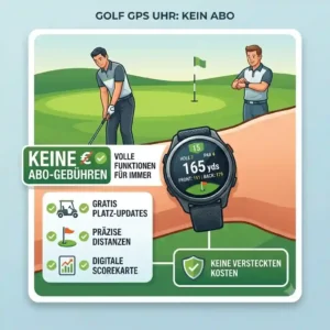 An infographic showing the concept of a golf gps uhr ohne abo with no hidden subscription costs.