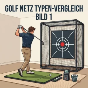 A comparative diagram of different types of golf netz indoor training systems showing pop-up versus fixed frame designs.