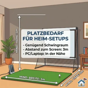 An infographic showing the space requirements and dimension guides for a golf simulator einsteiger setup.