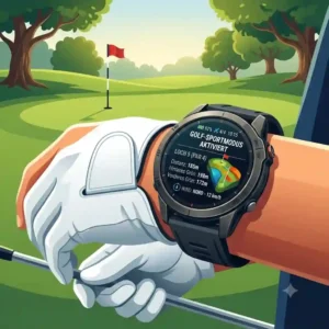 Illustration of a golf smartwatch sportmodus displaying a 3D GPS map of a golf course green.