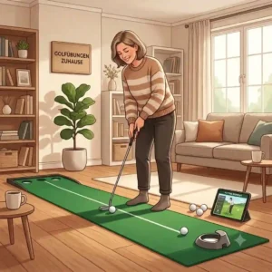 An illustration demonstrating the ideal spatial organization and equipment layout for golf training zuhause within a home.