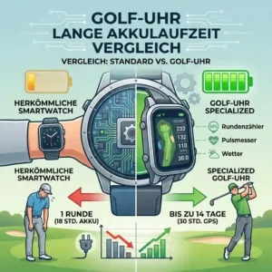 Infographic comparing battery performance of a standard watch vs. a golf uhr lange akkulaufzeit.