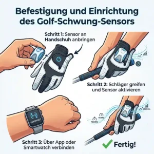 An illustration demonstrating how to secure a golf swing tracker sensor onto the grip of a golf club.