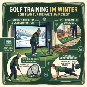 Golfer practicing swing mechanics on an indoor golf simulator for golf training im winter.