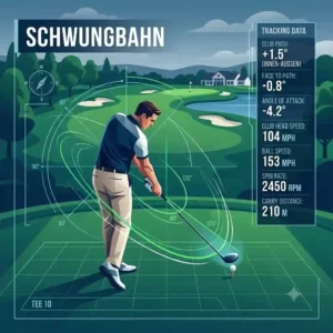 A stylized illustration showing a 3D swing path and club head trajectory generated by golf analyse software, comparing actual and optimal paths with data overlays for analysis, titled "SCHWUNGBAHN".