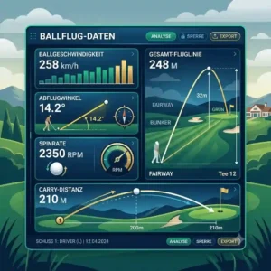 Vector graphics illustrating real-time ball flight data metrics, including launch angle, spin rate, and carry distance, within a golf analyse software interface, showing a detailed trajectory map.