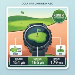 Close-up of a golf gps uhr ohne abo displaying distance to the front, center, and back of the green.