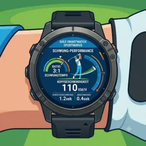 Vector illustration showing swing tempo and speed metrics on a golf smartwatch sportmodus screen.