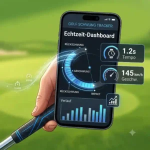 A vector illustration of a smartphone screen displaying real-time data analytics from a golf swing tracker sensor.