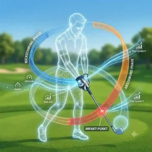 A 3D diagram showing a golfer's swing path arc with metrics tracked by a golf swing tracker sensor.
